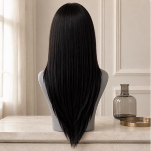 Perruque synthétique complète, longue et droite, noir naturel, coupe dégradée, frange latérale, vente en gros, prête à porter - Product Image 2