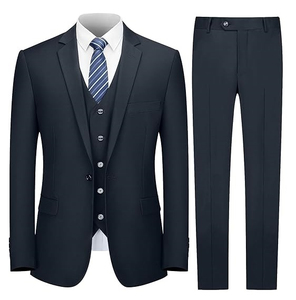 Costume 3 pièces pour homme, style britannique, bleu foncé, tenue de cérémonie, avec gilet et cravate, matière polyester anti-plis - Product Image 1