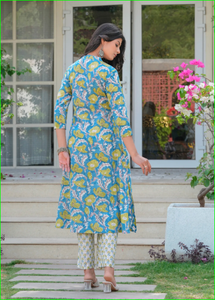 ชุดคุรตะทรงเอไลน์ลายดอกไม้สีฟ้าแบบพิมพ์ลายด้วยมือ ชุดคุรตะซัลวาร์ - Product Image 4