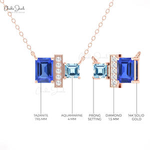 Collier artisanal en or fin 14 carats avec Tanzanite et Aigue-marine 7x5mm, serti de diamants pavés, fabrication OEM/ODM disponible - Product Image 5