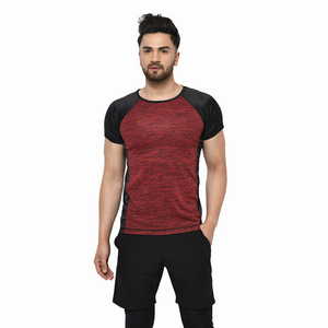T-shirt à manches raglan pour homme, rouge et noir, couleur unie, col rond, séchage rapide, coupe ajustée, sportif, tricoté en polyester, manches courtes, vêtements de sport - Product Image 1