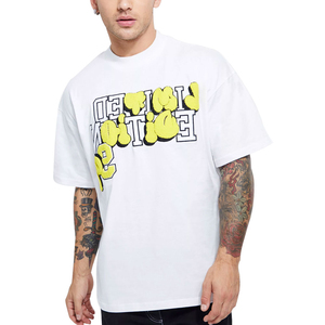 T-shirt blanc surdimensionné pour homme avec imprimé lettres en relief, style streetwear, manches courtes, col rond, jersey de coton - Product Image 1