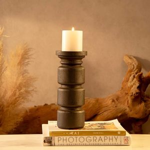 <b>Black</b> Wooden Handmade Gravure Printed Matte Cylindrical <b>Candlestick</b> Stand and Candle Container for Home Wedding Hotel Decor - Product Image 3