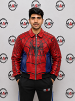 Blouson Bomber Homme MAW Spider-Man en PU, Motif Toile Rouge et Bleu, Fermeture Éclair, Col Rabattable, Style Décontracté Automne Streetwear