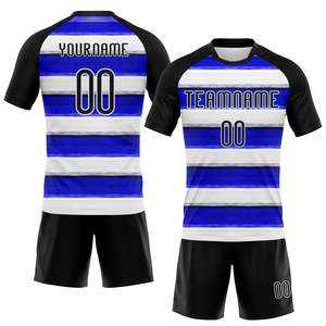 Uniforme de Voleibol Elite Blanco y Azul Rey con Diseño de Rayas Horizontales, 100% Poliéster, Jersey de Malla Bird Eye, Conjunto de Pantalones Cortos, Logotipo Personalizado - Product Image 1