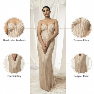 Robe de soirée longue pour femmes, vente en gros de haute couture |   Robe à col cœur ornée de perles, faite à la main, pour gala, mariage et événements formels - Product Image 5