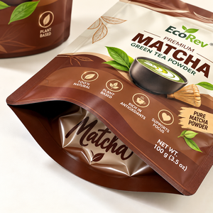 EcoRev Premium Matcha Green Tea Powder 100g Bag with Valve Resealable Stand <b>Pouch</b> Zipper Top Food Grade Packaging India Origin - Product Image 3