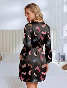 Robe de chambre en satin de luxe pour femmes, peignoir court en soie, vêtements de nuit doux avec poche - Product Image 3