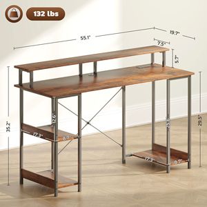 Rustic Brown 55\" Reversible Computer <b>Desk</b> with Storage Adjustable and LED Lights Power Outlets Included - Product Image 3