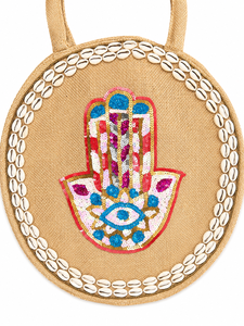 Sac fourre-tout en jute fait main avec broderie œil porte-bonheur, main de Hamsa, coquillages de cauris et sequins, sac de plage, vente en gros OEM ODM - Product Image 2