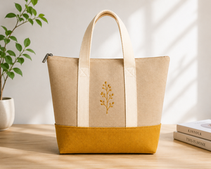 Sac fourre-tout en jute avec broderie, fermeture éclair, base moutarde, style minimaliste, doublure en coton - Idéal pour la plage, les voyages, le shopping et l'usage quotidien - Product Image 4