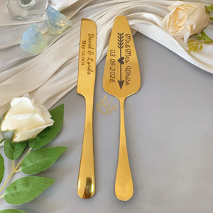 Juego de Cuchillo y Servidor de Pastel de Acero Inoxidable de Alta Calidad con Diseño de Mango con Corte Dorado Hecho a Mano para Bodas - Product Image 2