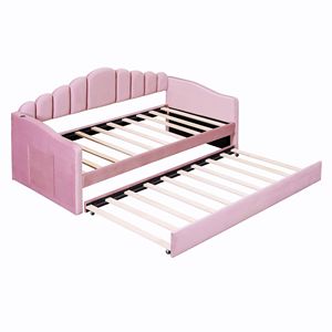 Divano letto singolo imbottito in velluto rosa con letto estraibile e porte USB per la ricarica, morbido divano letto senza bisogno di rete a molle (Vecchio SKU HL000067AAH) - Product Image 6