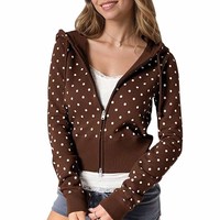 Sweat-shirt rose à pois surdimensionné pour femme, à capuche, avec fermeture éclair, épaules tombantes, manches longues, tricoté 100% coton, séchage rapide, haut décontracté