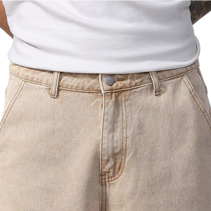 Shorts en jean délavé beige pour homme, coupe ample, longueur genou, style décontracté streetwear, mode estivale, 100% coton tissé, séchage rapide, respirant - Product Image 3