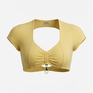 Top Corto Amarillo con Volantes North Approach, Cuello en V Profundo, Manga Corta, Cierre con Cordón, Ropa de Yoga sin Costuras - Product Image 1