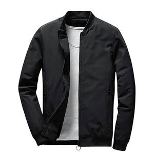 Men's Black Bomber Jacket Solid Colour <b>Covered</b> <b>Button</b> Closure Square Collar Casual Windproof Polyester Long Thin Embroidered - Product Image 4