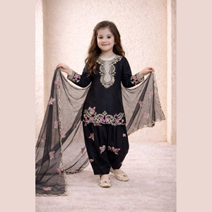 Conjunto Étnico de Salwar, Pantalón y Dupatta para Niñas con Bordado, Material Crepé, para Invierno/Verano, Ropa Festiva para Bodas Infantiles - Product Image 1