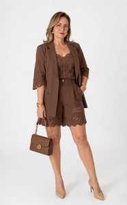 Ensemble blazer et short marron pour femme, découpé au laser, 2 pièces, style bureau - Product Image 1