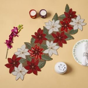 Camino de Mesa Bordado con Diseño Floral de Flor de Pascua Roja y Blanca para Decoración del Hogar - Product Image 1