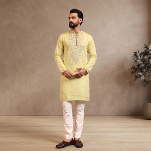 Ensemble Kurta Pajama brodé jaune pour homme, coupe classique, vêtements décontractés traditionnels indiens et pakistanais - Product Image 1
