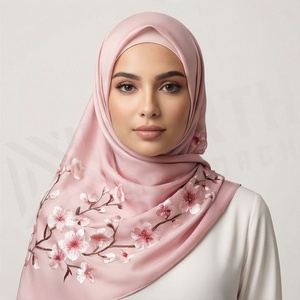 Pink <b>Chiffon</b> Hijab With Floral Embroidery Women's Daily Wear <b>Scarf</b> Islamic Ethnic Shawl - Product Image 6