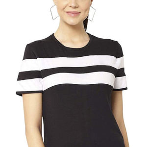 Camiseta de Manga Corta con Cuello Redondo a Rayas Blancas y Negras para Mujer, Corte Regular, Tejido de Algodón, Informal, para Todas las Temporadas - Product Image 1