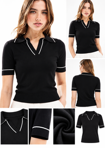 Polo de punto negro para mujer, manga corta, cuello en V, ribete en contraste, top casual ajustado, top preppy con ribete en contraste - Product Image 2
