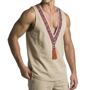 High Quality Custom Made Men's Sleeveless Shirt Deep V-Neck Ethnic Trim Tank <b>Top</b> Tassel Music <b>Festival</b> Summer Fashion Tank <b>Tops</b> - Product Image 5