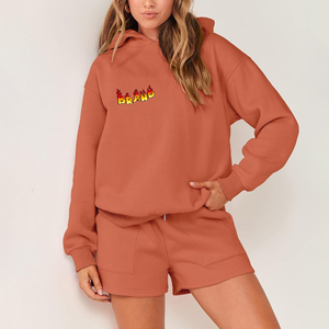 Nuevo Conjunto de Sudadera con Capucha y Pantalones Cortos Extra Grandes de 2 Piezas, 100% Algodón, 180 g/m², con Logotipo Bordado Personalizado, Encaje, Estilo Urbano, para Mujer - Product Image 1
