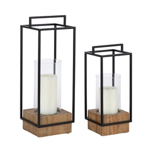 Wood Hurricane Candle Holders Set of 2 Natural Finish Home Decoration <b>Heat</b> Resistant Glass Lanterns - Product Image 4