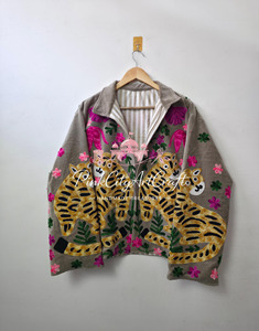 Handcrafted Woven Velvet Tiger Embroidered <b>Quilted</b> Jacket Artisanal Rajasthani Festive Winter Boho Breathable Eco-Friendly Thick - Product Image 5