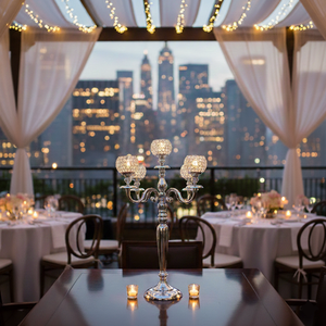 Candélabre de luxe en cristal et métal argenté à 5 bras, fait main, pour centres de table de mariage ou de fête, porte-bougies chauffe-plat, à vendre - Product Image 3