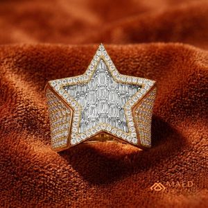 Moissanite <b>Ring</b> <b>Mens</b> Iced Out Star <b>Ring</b> Baguette Halo Statement Jewelry Rose Gold Finish Gift for Him Premium Design - Product Image 3