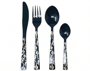 Ensemble de couverts élégants en métal noir avec manche à motif floral blanc, compatibles lave-vaisselle, pour mariage, hôtel et fête - Product Image 1