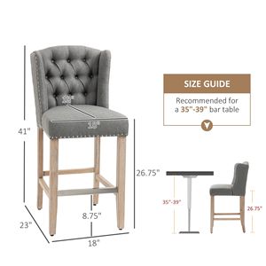 Modern 27-Inch Nailhead Trim Tufted <b>Back</b> <b>Counter</b> Height Bar <b>Stools</b> Set of 2 Gray Wood Legs for Home Bar Kitchen for Basement Use - Product Image 3