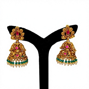 Antique 22k Solid Gold <b>Drop</b> <b>Earrings</b> Handcrafted Lakshmi Motif Wedding Jewelry with Green <b>Emeralds</b> and Natural Pearls - Product Image 1