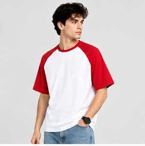 Camiseta de Hombre, Cuello Redondo, Manga Raglán Roja y Blanca, Casual, 100% Algodón, Corte Holgado, Color Sólido, Diseño Moderno, Secado Rápido - Product Image 4