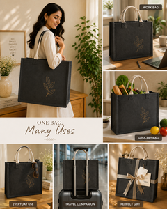Jute Shopping Tote <b>Bag</b> <b>Medium</b> <b>Size</b> Embroidered Leaf Design Hand Length Handle - Product Image 3