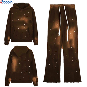 Conjunto de Moda con Pedrería, Sudadera Holgada Unisex y Pantalones con Corte Acampanado, Trajes Deportivos de Algodón con Gemas para Hombre - Product Image 6