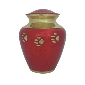 Urna roja para cremación de mascotas con huellas de patas doradas y tapa, tamaño pequeño, recuerdo para cenizas, artículos funerarios, urnas de latón para cenizas de animales - Product Image 1