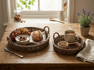 Eco Friendly Handmade Natural Rattan Serving Tray Set Round Woven <b>Wicker</b> <b>Basket</b> With <b>Handles</b> For Home Decor Storage Serving - Product Image 5