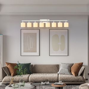 Lampada da Bagno Moderna a 8 Luci, 52 Pollici, in Nichel con Paralume in Vetro Bianco Latte, Illuminazione a Parete per Specchio - Product Image 1