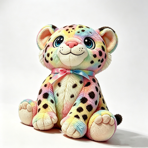 Peluche Leopardo Arcobaleno, Ghepardo Tie-Dye Pastello con Grandi Occhi e Fiocco, Morbido Gatto Maculato Colorato - Product Image 1