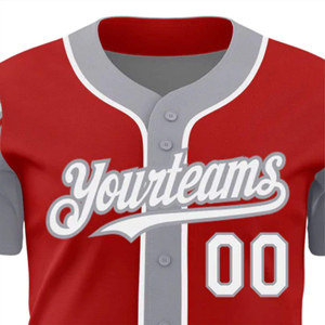 Maillot de baseball rouge classique avec accents gris, logo Yourteams et numéro 00, idéal pour les uniformes sportifs professionnels en studio. - Product Image 3
