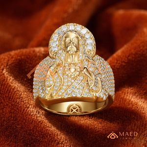 18K Yellow Gold Plated Jesus Piece <b>Ring</b> <b>Iced</b> Out Sacred Heart Hip Hop Religious Jewellery Diamond Halo Christ Portrait <b>Ring</b> - Product Image 1