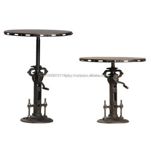 Industrial Iron Crank Round Height Adjustable and Iron <b>Top</b> Crank <b>Table</b> - Product Image 2