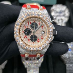 Montre-bracelet de luxe bicolore pour homme, entièrement sertie de diamants Moissanite, bracelet en caoutchouc rouge et noir, cadran date, entièrement mécanique - Product Image 1