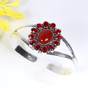 New Arrival 925 Sterling Silver <b>Red</b> Carnelian / <b>Red</b> Opaque Gemstone Sunburst Cuff <b>Bracelet</b> Handcrafted Flower Bangle Jewelry - Product Image 4