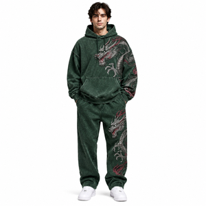 Ensemble de survêtement homme vert foncé, sweat à capuche oversize et pantalon de jogging, streetwear, broderie personnalisée du logo, coton épais - Product Image 1